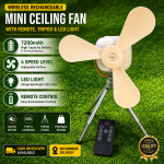 Wireless Rechargeable Mini Ceiling Fan with Remote, Tripod & LED Light