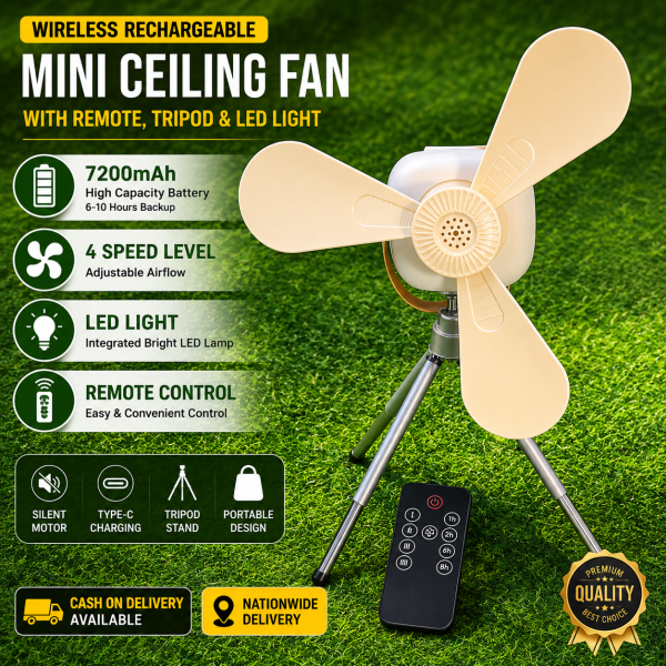 Wireless Rechargeable Mini Ceiling Fan with Remote, Tripod & LED Light